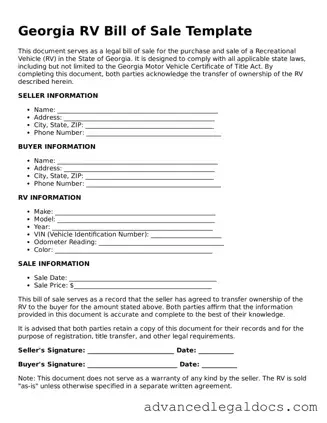 Fillable RV Bill of Sale Form for Georgia State