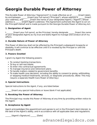 Fillable Durable Power of Attorney Form for Georgia State
