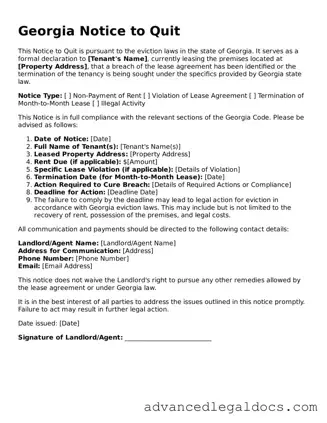 Fillable Notice to Quit Form for Georgia State