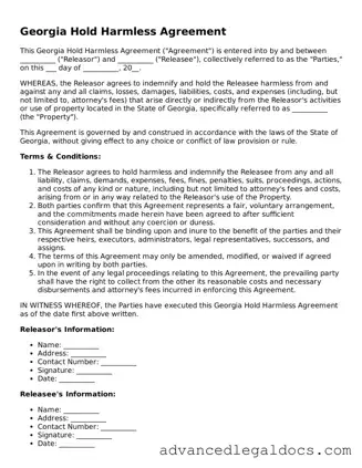 Fillable Hold Harmless Agreement Form for Georgia State