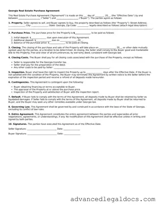 Fillable Real Estate Purchase Agreement Form for Georgia State