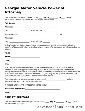 Fillable Motor Vehicle Power of Attorney Form for Georgia State