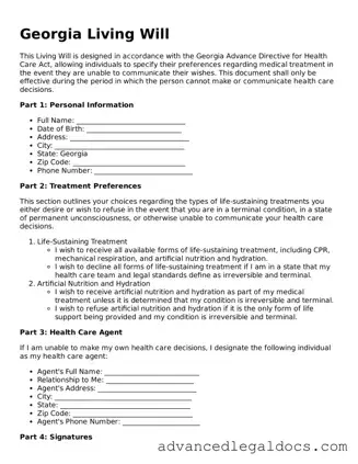Fillable Living Will Form for Georgia State