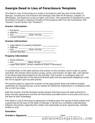 Fillable Deed in Lieu of Foreclosure Form for Georgia State