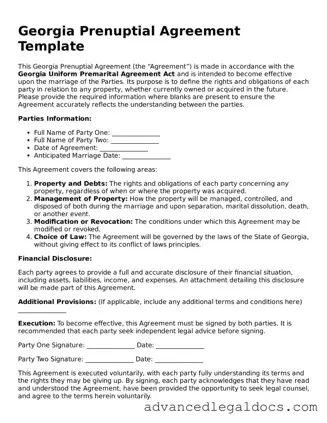 Fillable Prenuptial Agreement Form for Georgia State