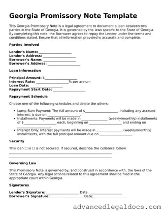 Fillable Promissory Note Form for Georgia State