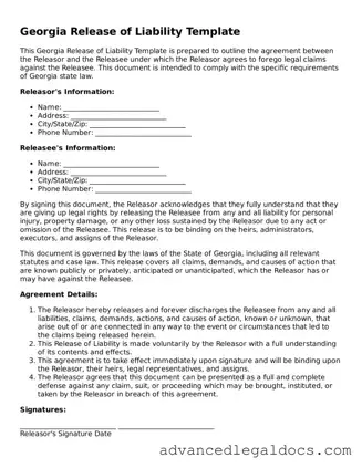 Fillable Release of Liability Form for Georgia State