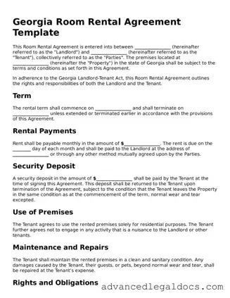 Fillable Room Rental Agreement Form for Georgia State