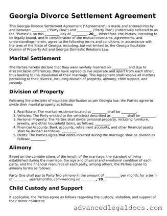 Fillable Divorce Settlement Agreement Form for Georgia State