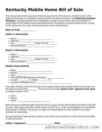 Fillable Mobile Home Bill of Sale Form for Kentucky State