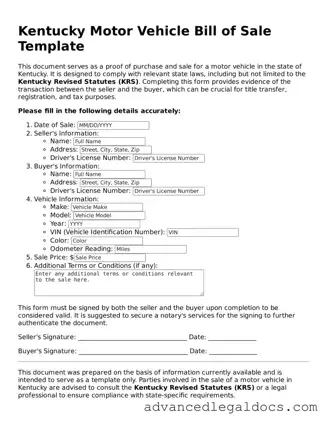 Fillable Motor Vehicle Bill of Sale Form for Kentucky State