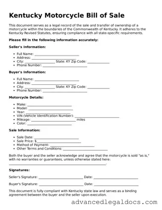 Fillable Motorcycle Bill of Sale Form for Kentucky State