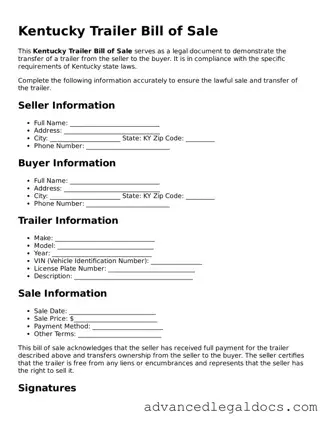 Fillable Trailer Bill of Sale Form for Kentucky State