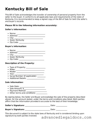 Fillable Bill of Sale Form for Kentucky State