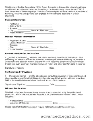 Fillable Do Not Resuscitate Order Form for Kentucky State
