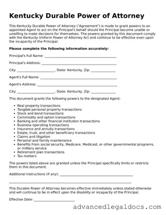 Fillable Durable Power of Attorney Form for Kentucky State