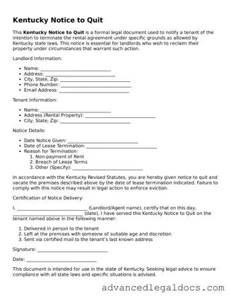 Fillable Notice to Quit Form for Kentucky State