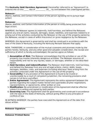 Fillable Hold Harmless Agreement Form for Kentucky State