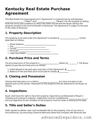 Fillable Real Estate Purchase Agreement Form for Kentucky State