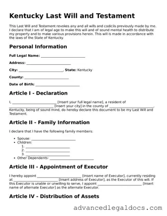 Fillable Last Will and Testament Form for Kentucky State
