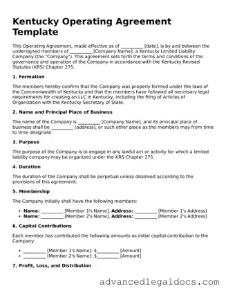Fillable Operating Agreement Form for Kentucky State