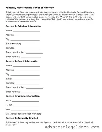 Fillable Motor Vehicle Power of Attorney Form for Kentucky State