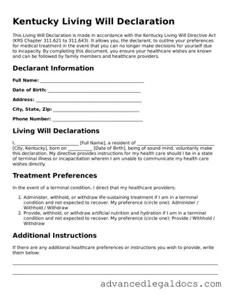 Fillable Living Will Form for Kentucky State