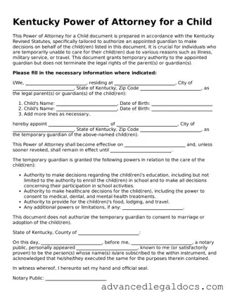 Fillable Power of Attorney for a Child Form for Kentucky State