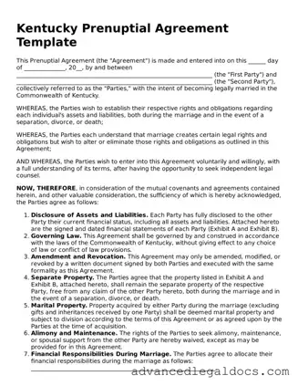Fillable Prenuptial Agreement Form for Kentucky State