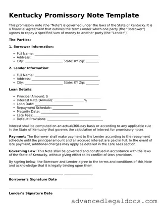 Fillable Promissory Note Form for Kentucky State