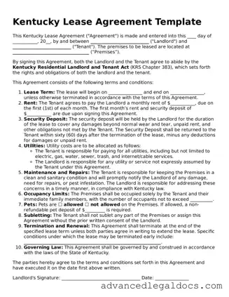 Fillable Lease Agreement Form for Kentucky State