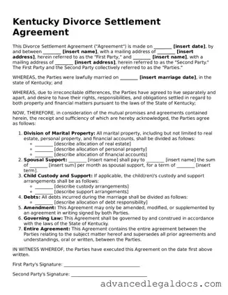 Fillable Divorce Settlement Agreement Form for Kentucky State