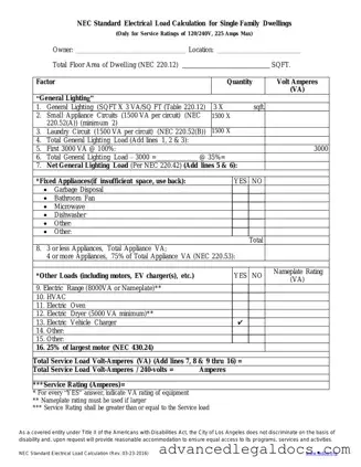 Fill Out Your LADBS NEC Standard Electrical Load Calculation Form