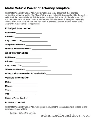 Blank Motor Vehicle Power of Attorney Template