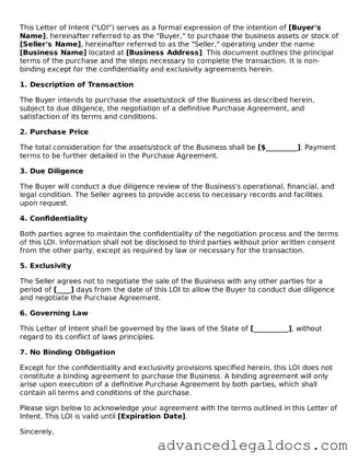 Blank Letter of Intent to Purchase Business Template