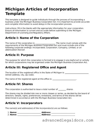 Fillable Articles of Incorporation Form for Michigan State