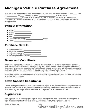 Fillable Vehicle Purchase Agreement Form for Michigan State