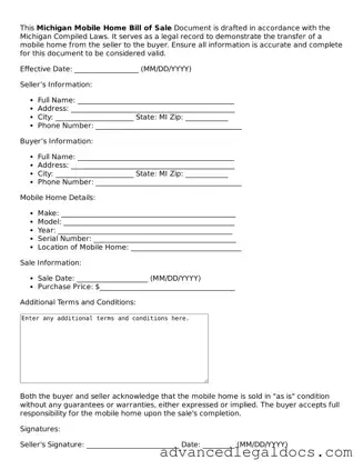 Fillable Mobile Home Bill of Sale Form for Michigan State
