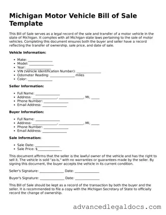 Fillable Motor Vehicle Bill of Sale Form for Michigan State