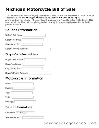Fillable Motorcycle Bill of Sale Form for Michigan State