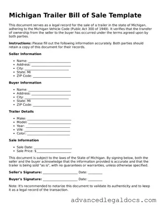 Fillable Trailer Bill of Sale Form for Michigan State