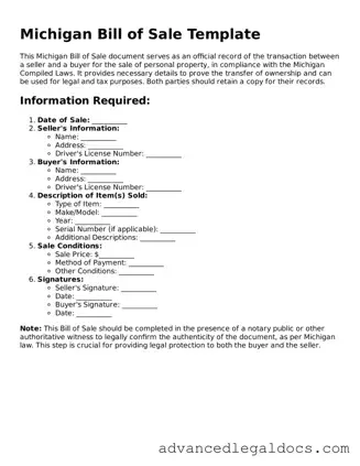 Fillable Bill of Sale Form for Michigan State