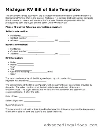 Fillable RV Bill of Sale Form for Michigan State
