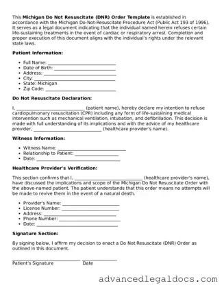 Fillable Do Not Resuscitate Order Form for Michigan State