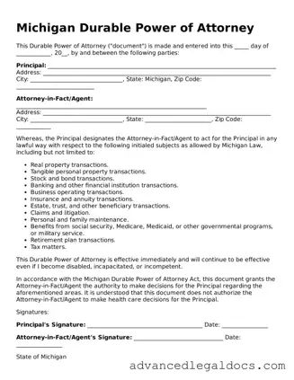 Fillable Durable Power of Attorney Form for Michigan State