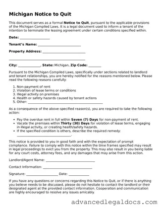 Fillable Notice to Quit Form for Michigan State
