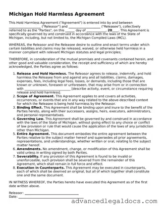 Fillable Hold Harmless Agreement Form for Michigan State
