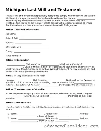 Fillable Last Will and Testament Form for Michigan State
