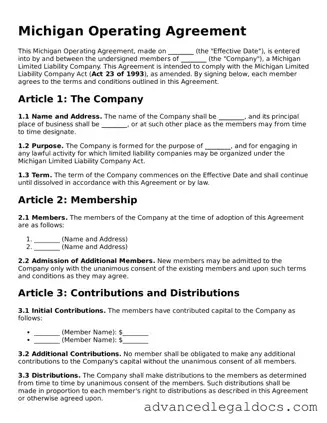 Fillable Operating Agreement Form for Michigan State