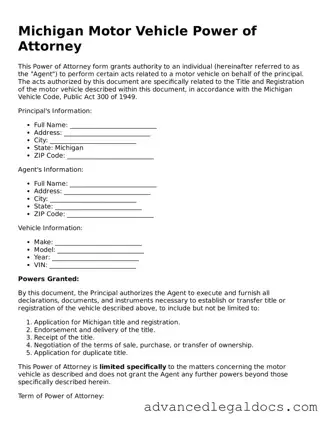 Fillable Motor Vehicle Power of Attorney Form for Michigan State